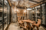 Wine cellar reclaimed wood wall board room design